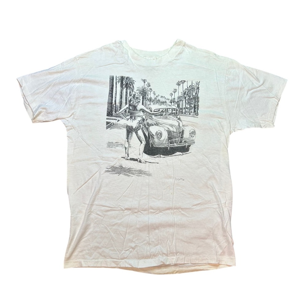 Vintage Pinup Hot Rod T-Shirt Hanes‎ Beefy USA Cotton Car Art Tee L
